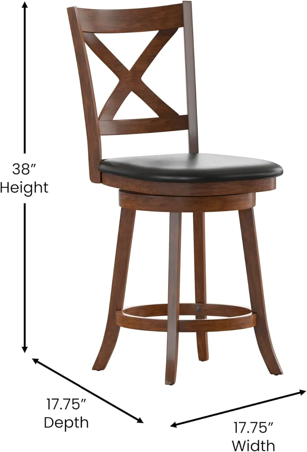 Merrick Lane Sora Crossback Swivel Counter Height Stool - Antique Oak Finish - 24" H Padded Black Faux Leather Seat - 360° Swivel - Integrated Footrest