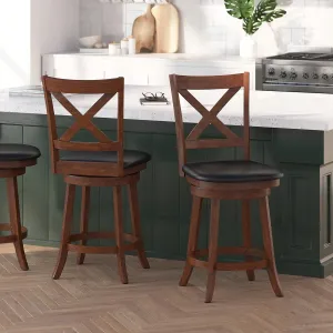 Merrick Lane Sora Crossback Swivel Counter Height Stool - Antique Oak Finish - 24" H Padded Black Faux Leather Seat - 360° Swivel - Integrated Footrest