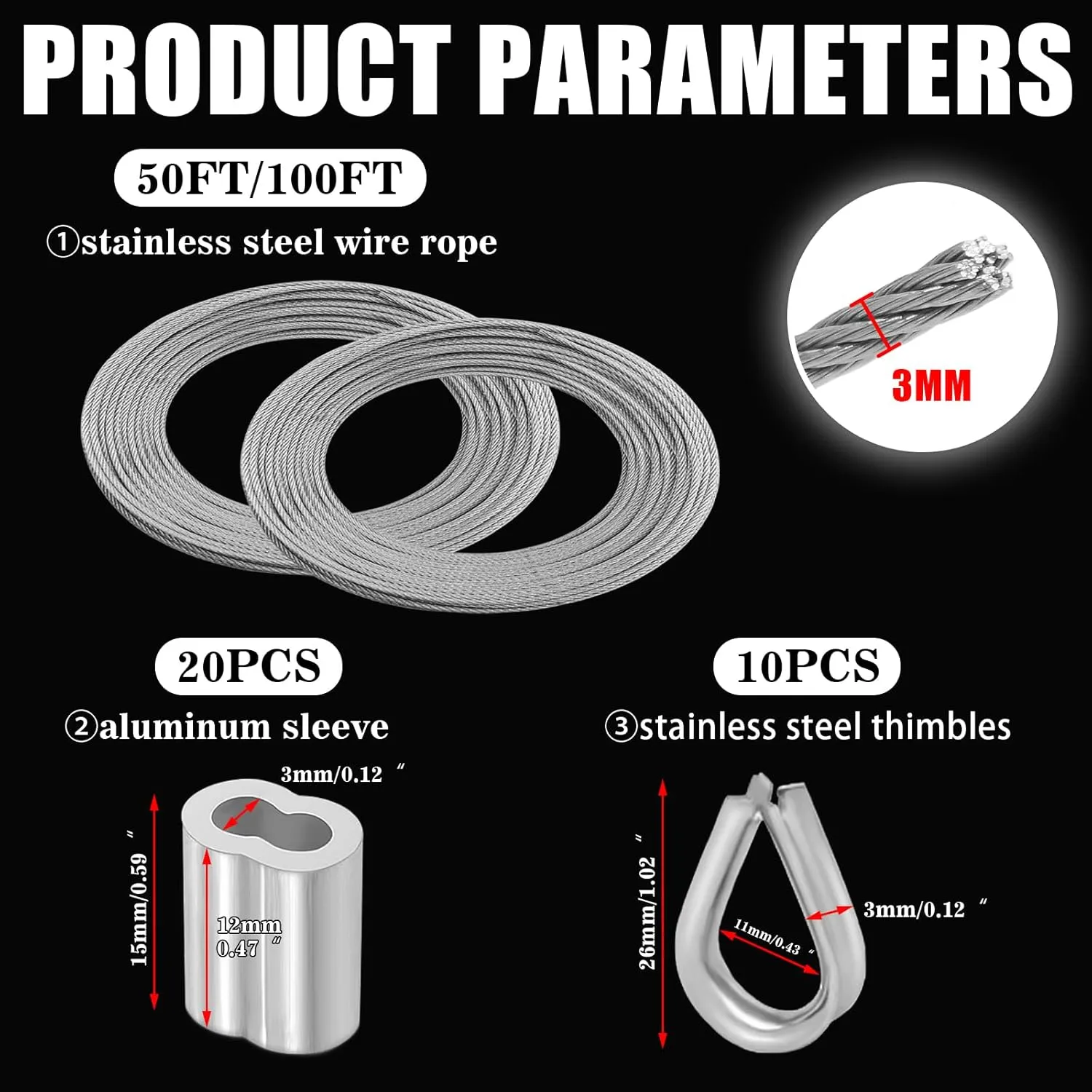 Metal Wire 1/8 inch Stainless Steel Cable 50FT Length Aircraft Cable 7x7 Strand Core Picture Hanging Wire with 10 Pcs Thimbles and 20 Pcs Aluminum Sleeves