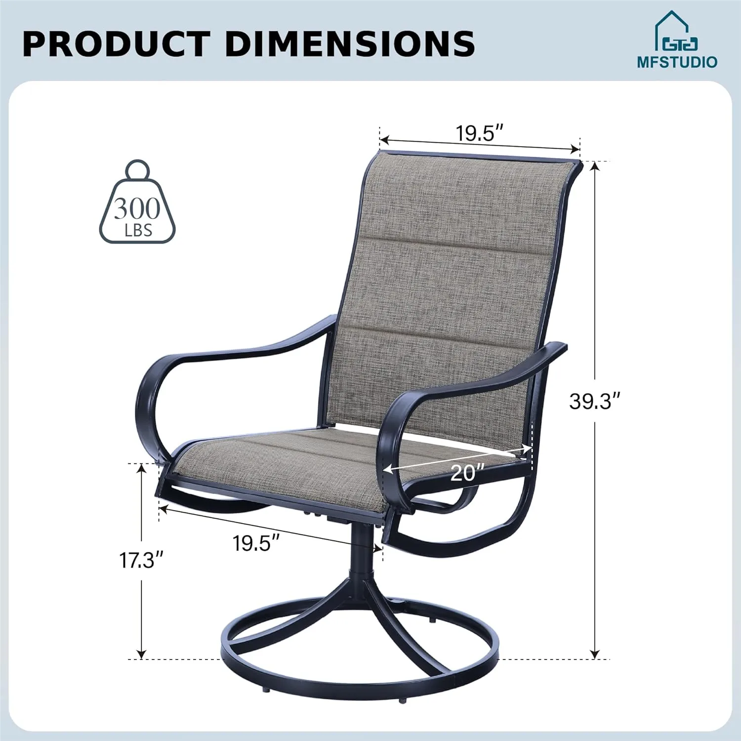 MFSTUDIO Swivel Patio Dining Chairs Set of 2, Outdoor Dining Chairs with Padded Textilene Fabric & Sturdy Metal Frame, All Weather Outdoor Sling Furniture Chairs for Deck, Bistro, Garden and Lawn
