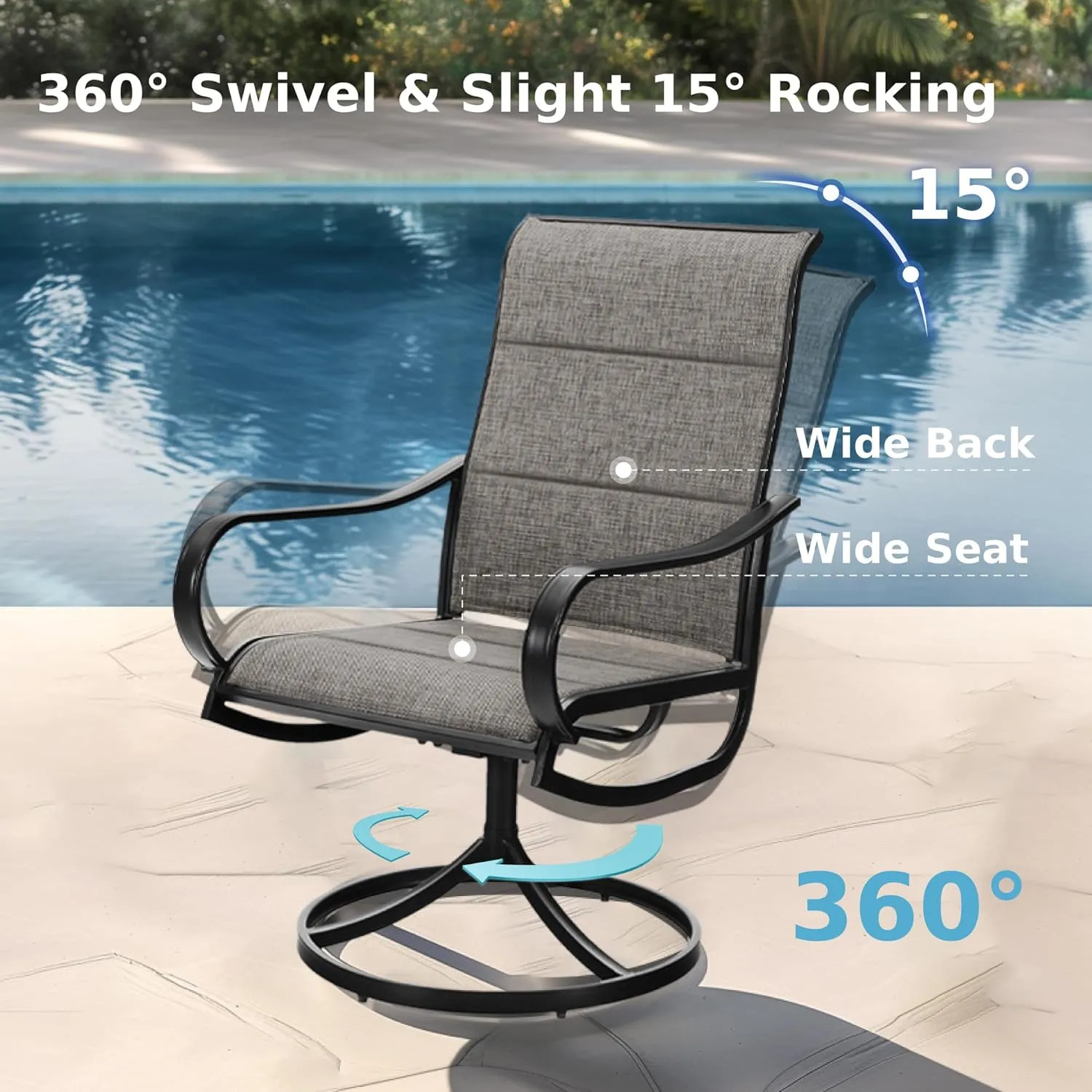 MFSTUDIO Swivel Patio Dining Chairs Set of 2, Outdoor Dining Chairs with Padded Textilene Fabric & Sturdy Metal Frame, All Weather Outdoor Sling Furniture Chairs for Deck, Bistro, Garden and Lawn