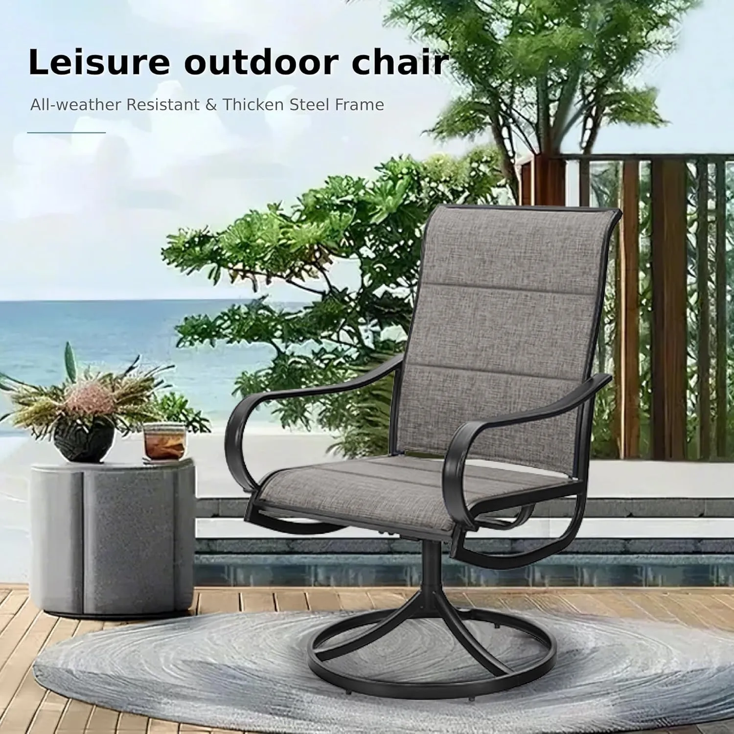 MFSTUDIO Swivel Patio Dining Chairs Set of 2, Outdoor Dining Chairs with Padded Textilene Fabric & Sturdy Metal Frame, All Weather Outdoor Sling Furniture Chairs for Deck, Bistro, Garden and Lawn