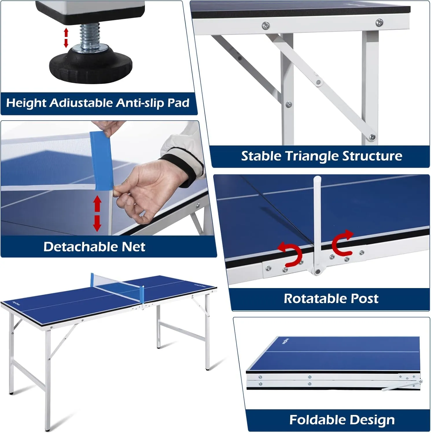 Mid-Size Portable Ping Pong Table, Compact Foldable Table Tennis Table Set w/Net, 2 Paddles & 2 Balls for Indoor Outdoor, Small Spaces and Apartments, Thickened Aluminum Frame