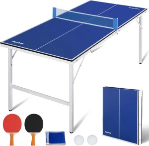 Mid-Size Portable Ping Pong Table, Compact Foldable Table Tennis Table Set w/Net, 2 Paddles & 2 Balls for Indoor Outdoor, Small Spaces and Apartments, Thickened Aluminum Frame