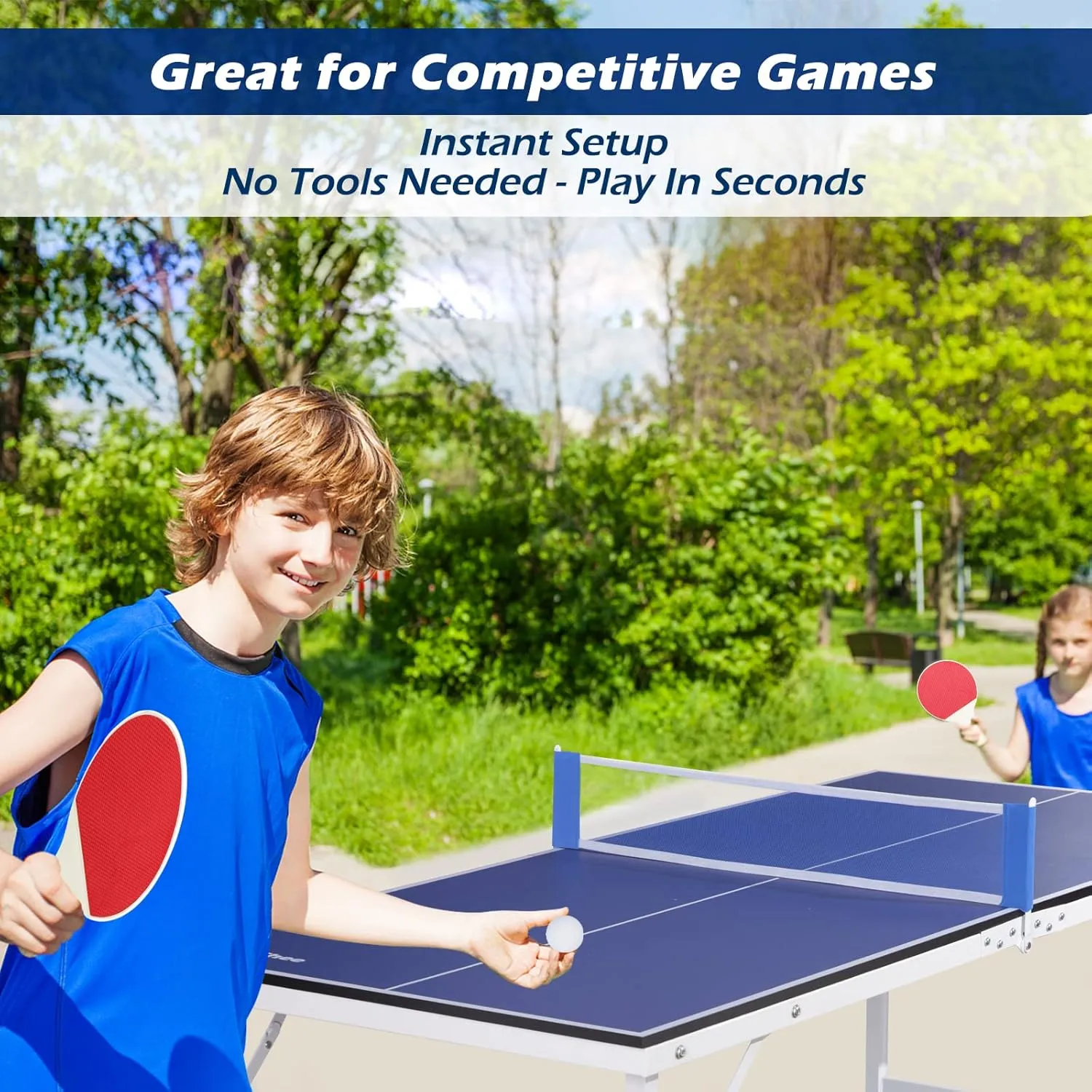 Mid-Size Portable Ping Pong Table, Compact Foldable Table Tennis Table Set w/Net, 2 Paddles & 2 Balls for Indoor Outdoor, Small Spaces and Apartments, Thickened Aluminum Frame