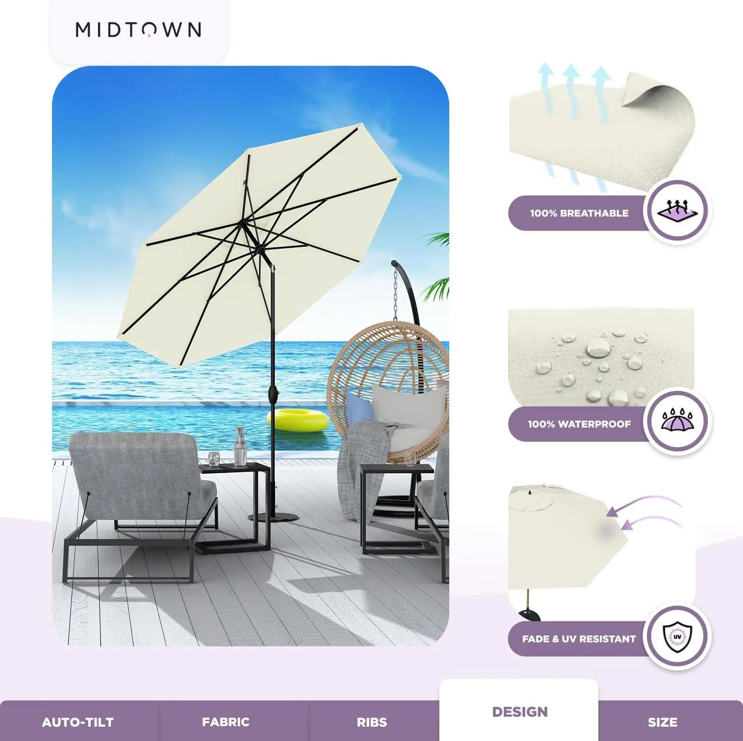 Midtown Umbrellas Sunbrella Umbrella 10 Feet Large Outdoor Umbrella With Sunbrella Canvas Natural Acrylic Fabric - Auto-Tilt Aluminum Frame Large Patio Umbrella For Backyard, Deck, Garden, Pool - Black Pole