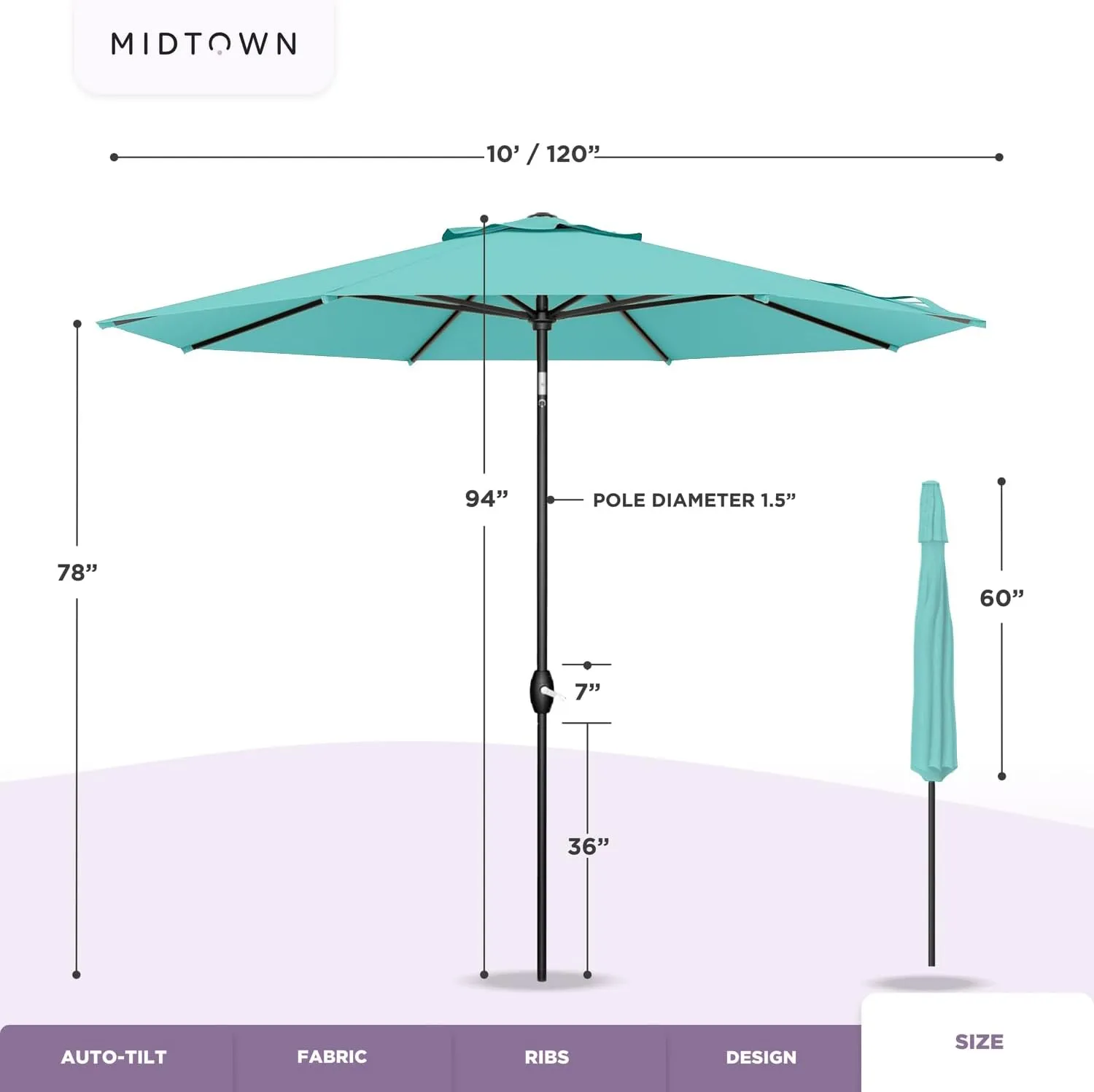 Midtown Umbrellas Sunbrella Umbrella 10 Feet Large Outdoor Umbrella With Sunbrella Canvas Natural Acrylic Fabric - Auto-Tilt Aluminum Frame Large Patio Umbrella For Backyard, Deck, Garden, Pool - Black Pole
