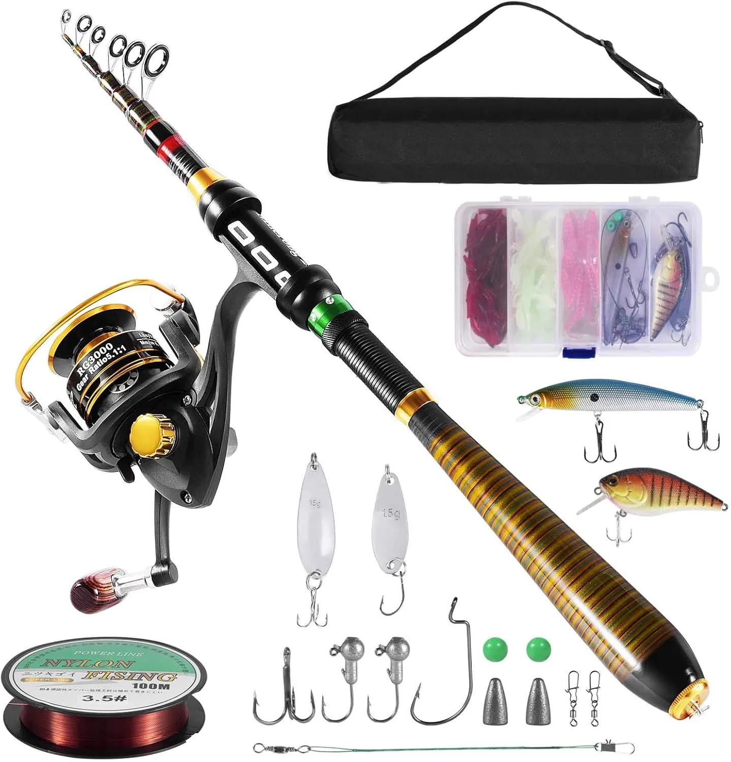 Milerong Fishing Rod and Reel Combo，Carbon Fiber Telescopic Fishing Pole with Stainless Steel Spinning Fishing Reel, Portable Travel Fishing Pole Combo for Youth Adults Beginner Saltwater Freshwater