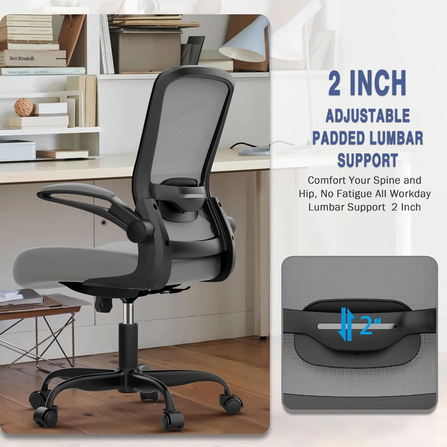 Mimoglad Modern Ergonomic Office Chair, Mesh Back with Flip-up Arms, Adjustable Lumbar Support, BIFMA Certified, Graphite