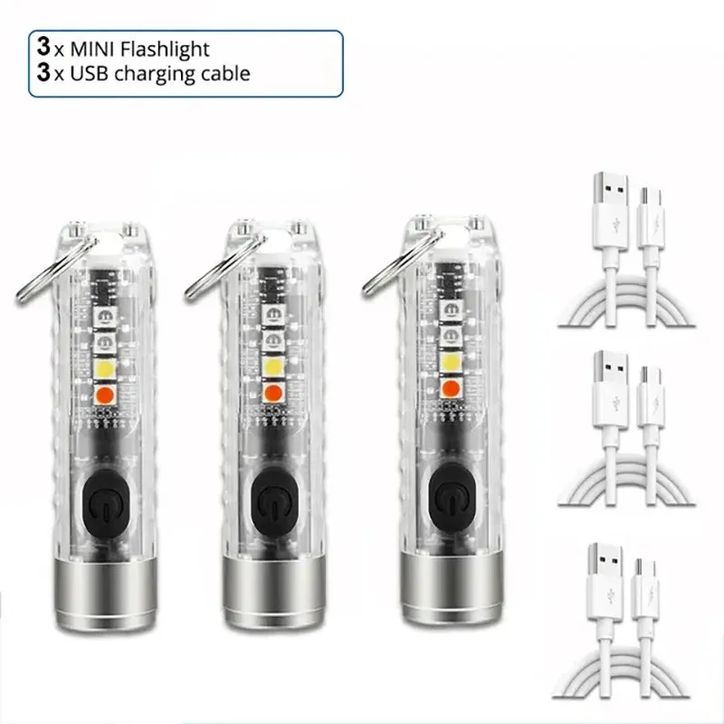 Mini EDC LED Flashlight Keychain Light USB Rechargeable UV Lamp Magnetic Torch Emergency Camping Lantern