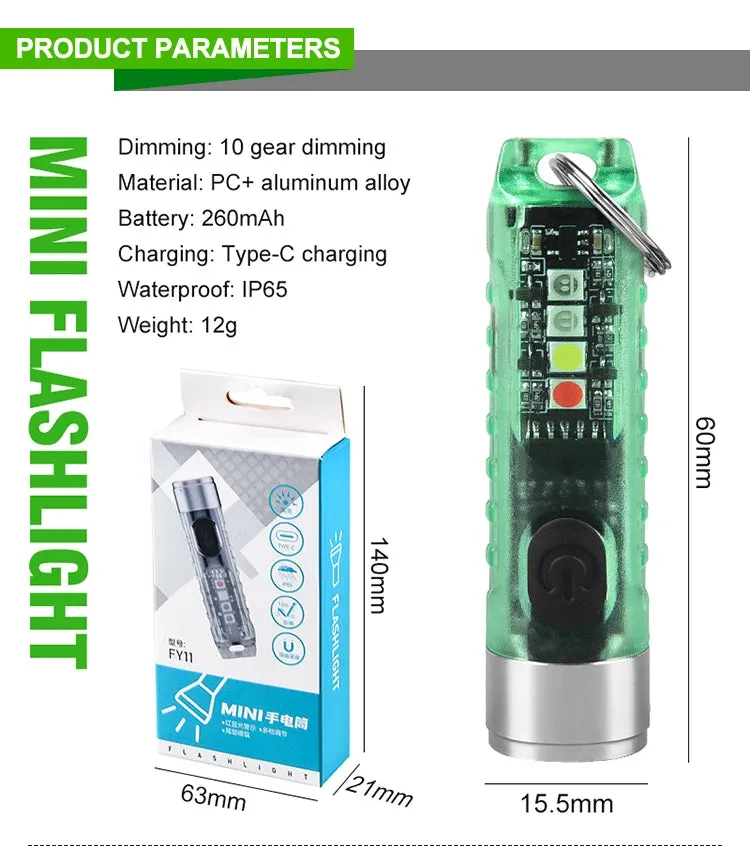Mini EDC LED Flashlight Keychain Light USB Rechargeable UV Lamp Magnetic Torch Emergency Camping Lantern