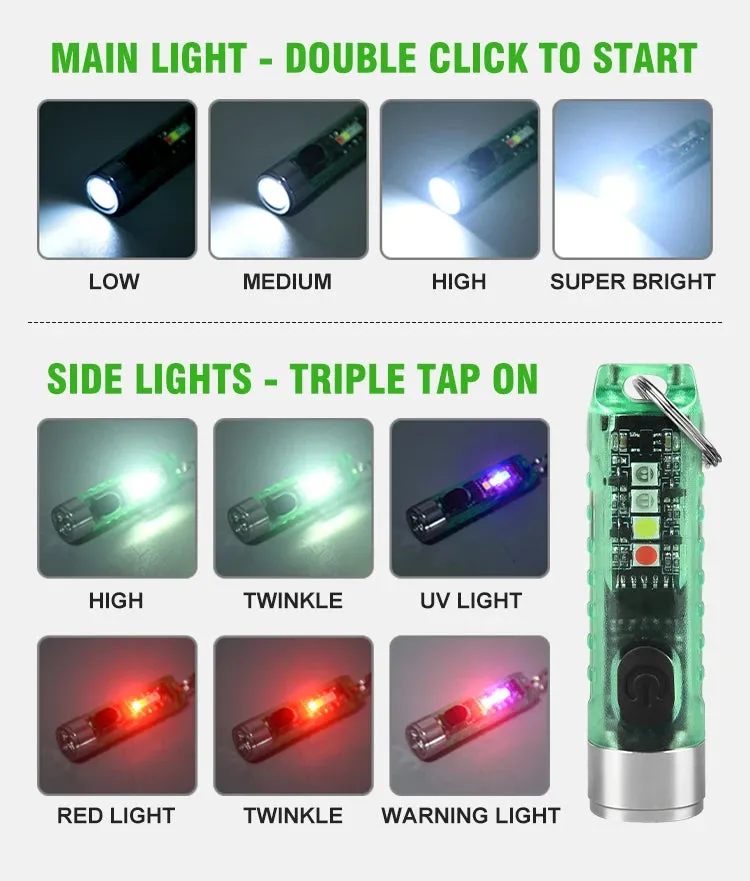 Mini EDC LED Flashlight Keychain Light USB Rechargeable UV Lamp Magnetic Torch Emergency Camping Lantern