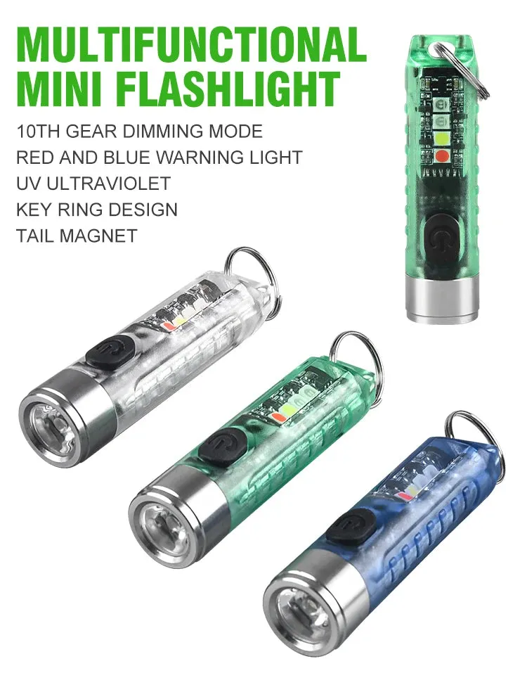Mini EDC LED Flashlight Keychain Light USB Rechargeable UV Lamp Magnetic Torch Emergency Camping Lantern