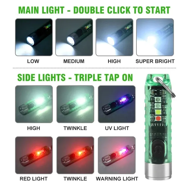 Mini EDC LED Flashlight Keychain Light USB Rechargeable UV Lamp Magnetic Torch Emergency Camping Lantern