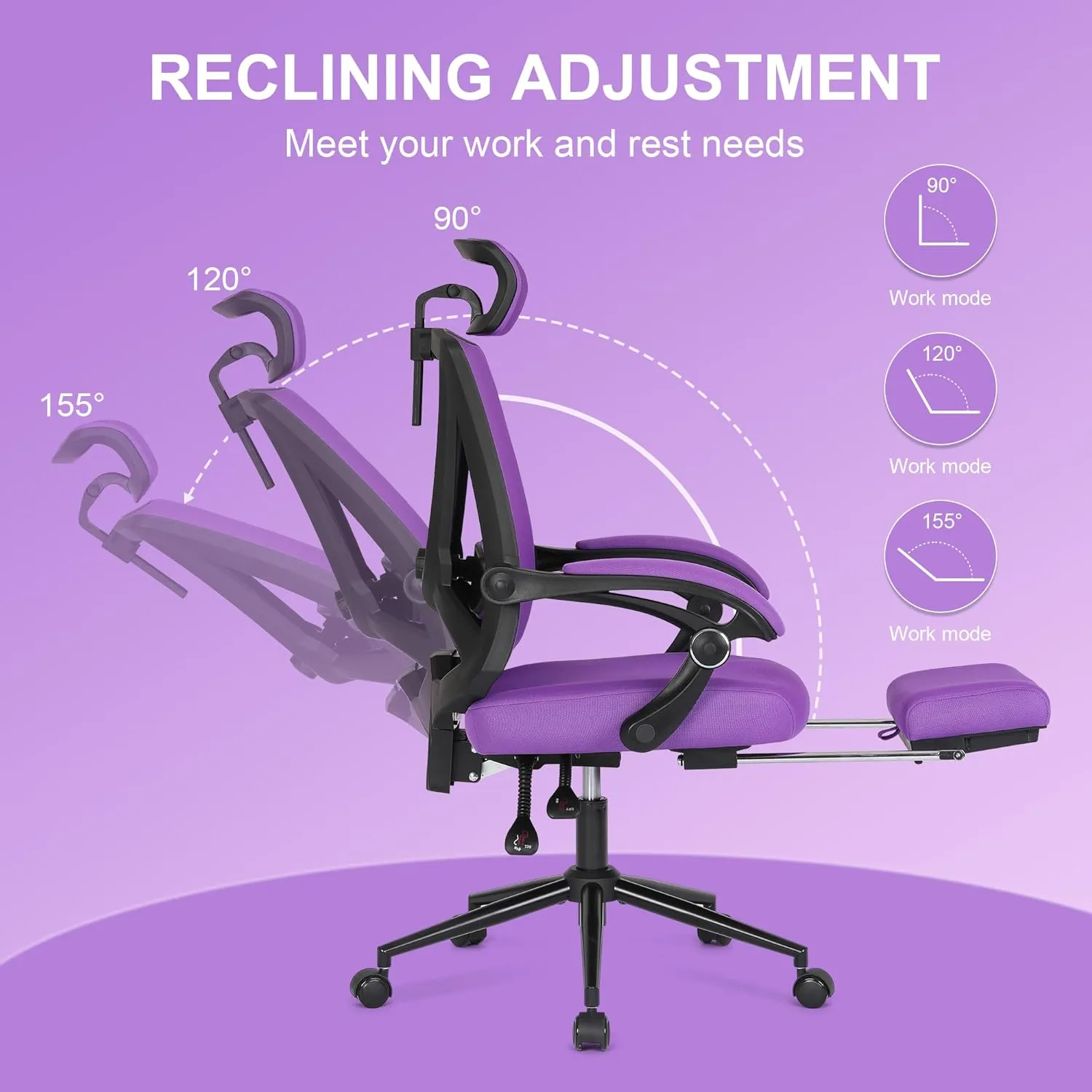 Misolant Ergonomic Office Chair with Footrest, Purple Desk Chair with Adjustable 2D Lumbar Support, High Back Mesh Ergonomic Computer Chairs with Adjustable Headrest for Home