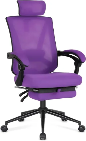 Misolant Ergonomic Office Chair with Footrest, Purple Desk Chair with Adjustable 2D Lumbar Support, High Back Mesh Ergonomic Computer Chairs with Adjustable Headrest for Home
