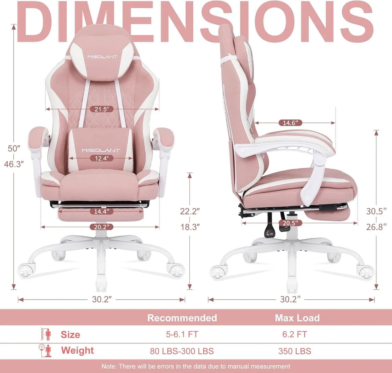 Misolant Gaming Chair, Fabric Gamer Chair with footrest for Adults, High Back Ergonomic Computer Game Chair with Adjustable Headrest and Massage Lumbar Support, 90-155° Recline Free, Pink