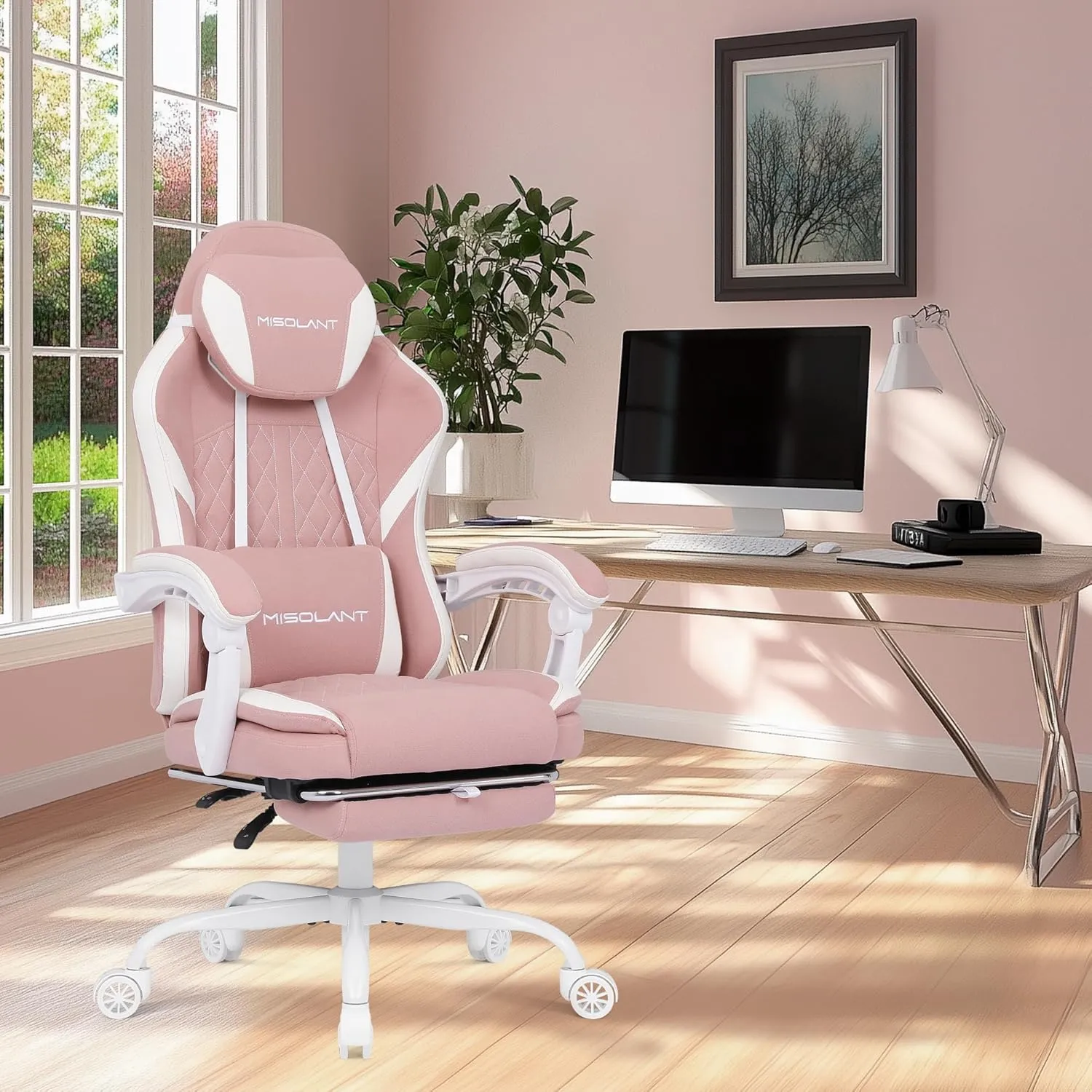 Misolant Gaming Chair, Fabric Gamer Chair with footrest for Adults, High Back Ergonomic Computer Game Chair with Adjustable Headrest and Massage Lumbar Support, 90-155° Recline Free, Pink