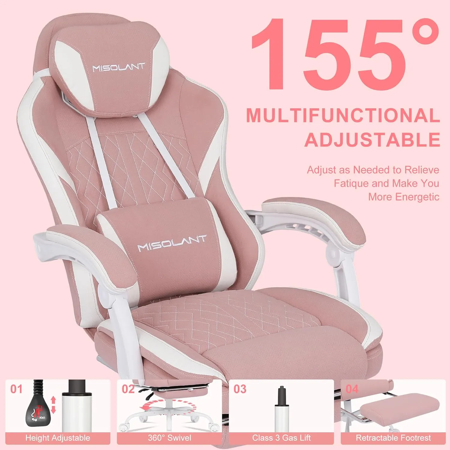 Misolant Gaming Chair, Fabric Gamer Chair with footrest for Adults, High Back Ergonomic Computer Game Chair with Adjustable Headrest and Massage Lumbar Support, 90-155° Recline Free, Pink