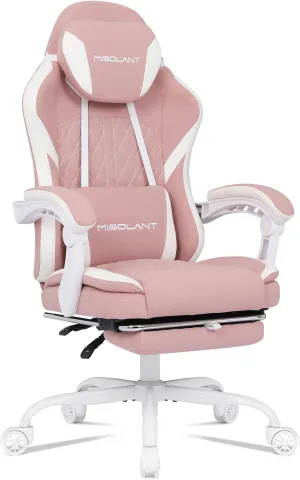 Misolant Gaming Chair, Fabric Gamer Chair with footrest for Adults, High Back Ergonomic Computer Game Chair with Adjustable Headrest and Massage Lumbar Support, 90-155° Recline Free, Pink