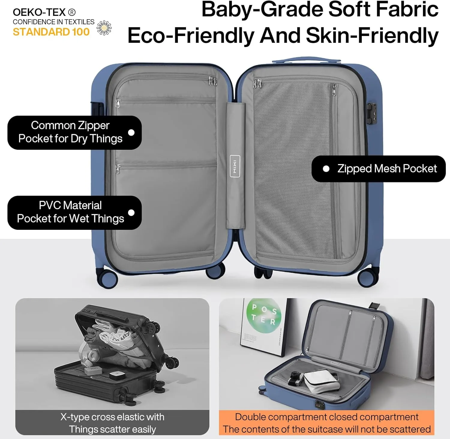 mixi Hardside PC Suitcase 20 Inch Carry On Luggage Spinner Wheels TSA with Cover, Sapphire Blue