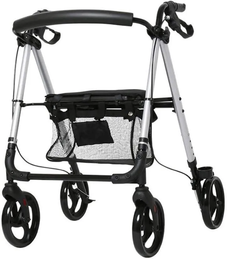 Mobility Walker Wheel Rollator Foldable Compact Mobility Aids with Seat Bag and Wheel Transport Walker Walking Stick Elderly Disabled Wheel Rollator