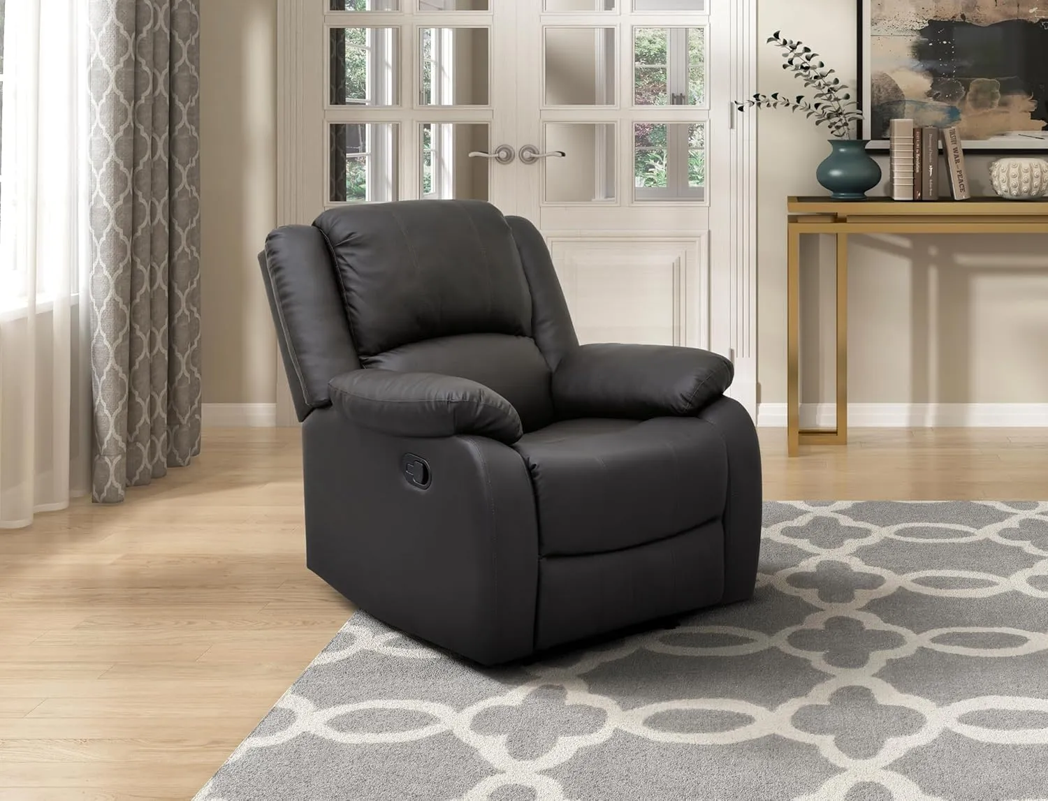 Modern Reclining Chair Dark Brown Faux Leather Upholstery Pillowtop Arms, Solid Wood Frame for Living Room Furniture
