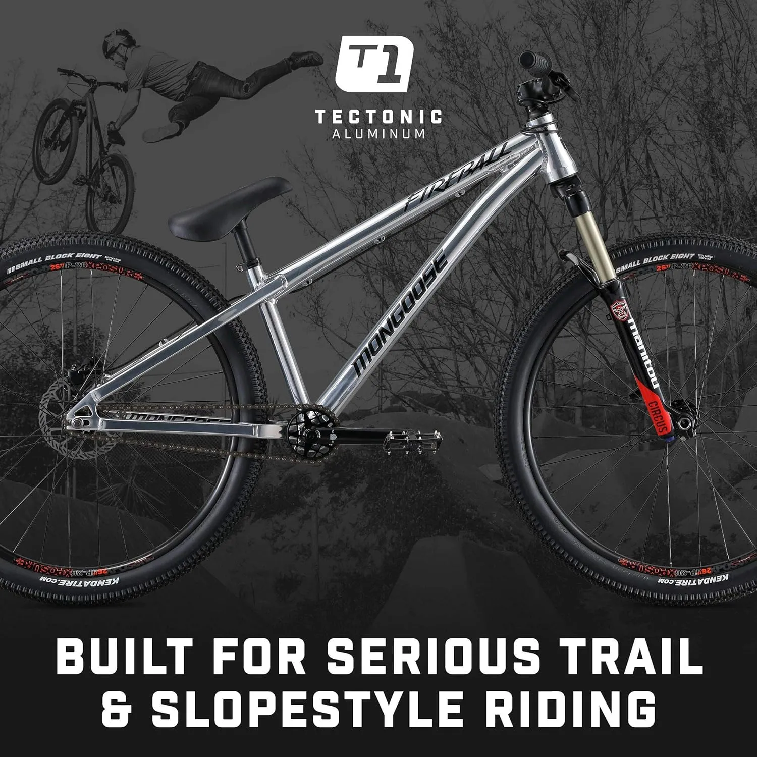 Mongoose Fireball Dirt Jump Mens and Womens Mountain Bike, 26-Inch Wheels, Mechanical Brakes, T1 Aluminum Frame