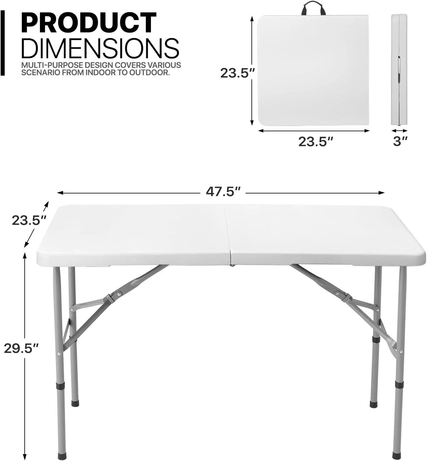 MoNiBloom 4Ft Folding Card Table, Outdoor Foldable Small Portable Plastic Dining Picnic Cookout Table w/Height Adjustable and Handle, White