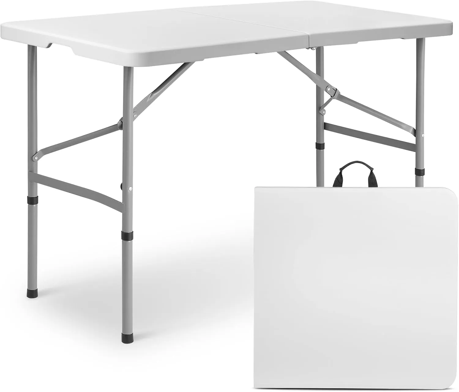 MoNiBloom 4Ft Folding Card Table, Outdoor Foldable Small Portable Plastic Dining Picnic Cookout Table w/Height Adjustable and Handle, White