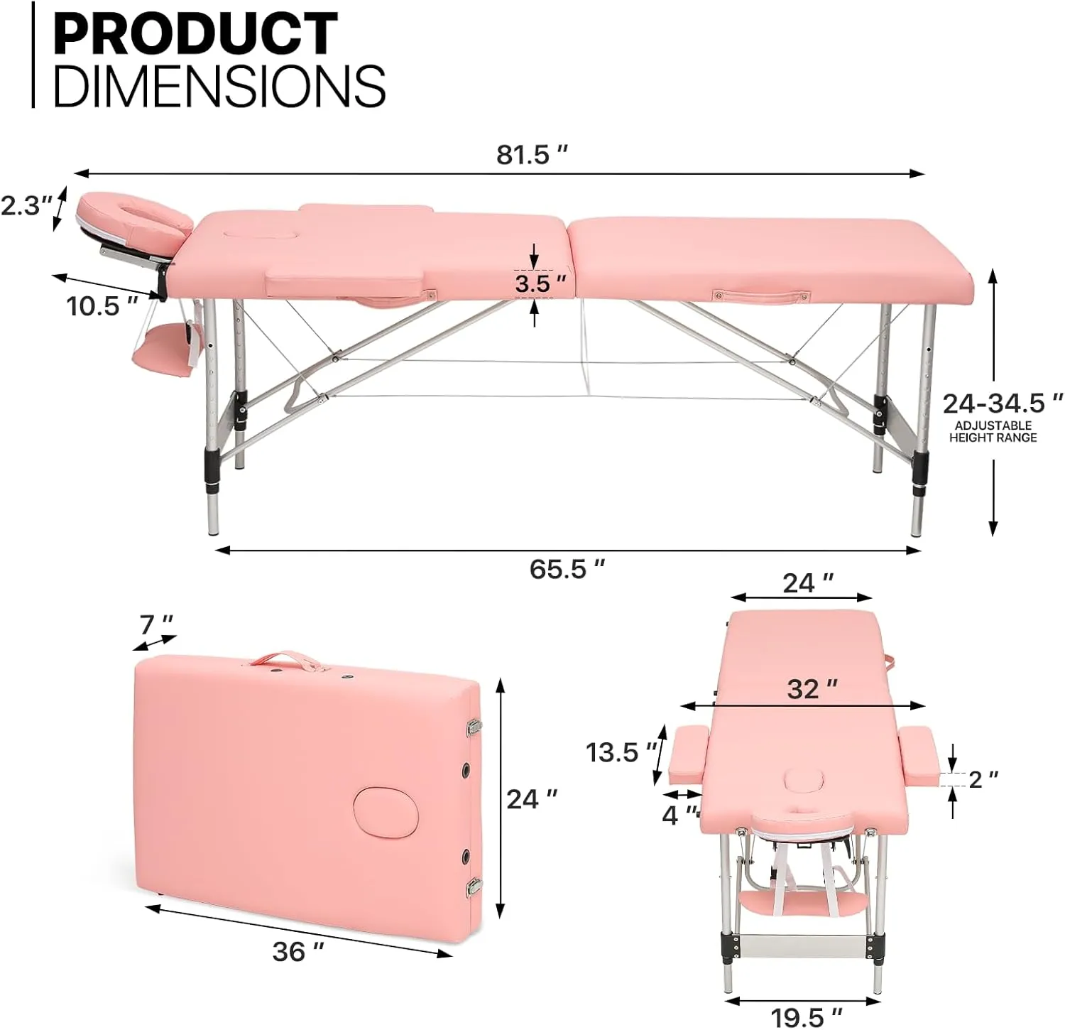 MoNiBloom Portable Massage Table - 82" Height Adjustable SPA Bed, Foldable w/Carry Case, Aluminum Alloy Frame, Pink