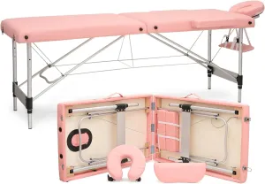 MoNiBloom Portable Massage Table - 82" Height Adjustable SPA Bed, Foldable w/Carry Case, Aluminum Alloy Frame, Pink