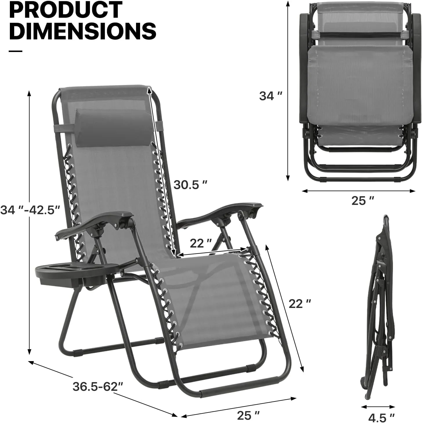 MoNiBloom Zero Gravity Chair Outdoor Folding Patio Lounge Chair for Outside Reclining Lawn Chair Recliner Beach Chair for Adults, Grey