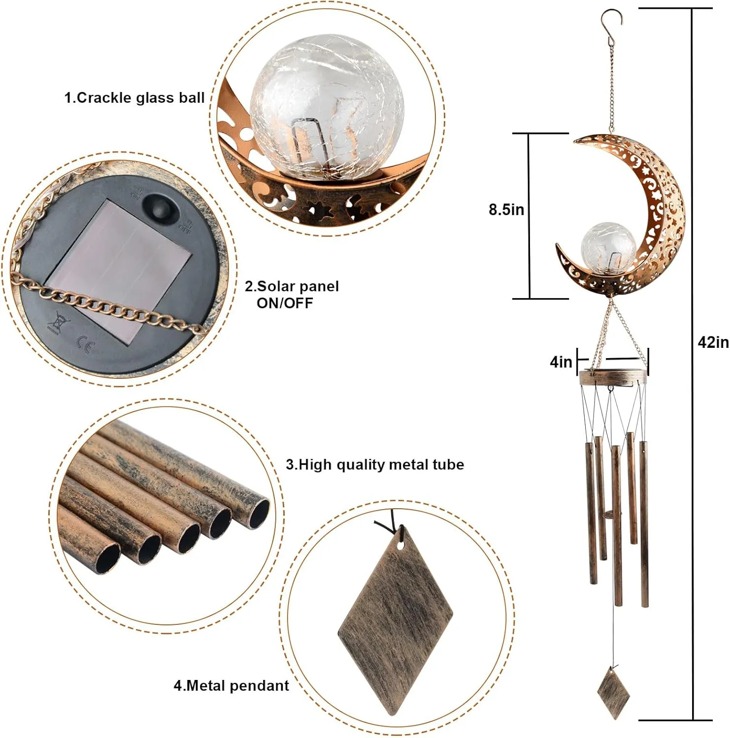 Moon Wind Chimes Solar Outdoor, Mother's Day Wind Chime Gift for Mom, Women, Grandma, Garden Courty ard Lawn Decor, Thanksgiving Gifts, Moon Gifts, Wind Chimes for Outside
