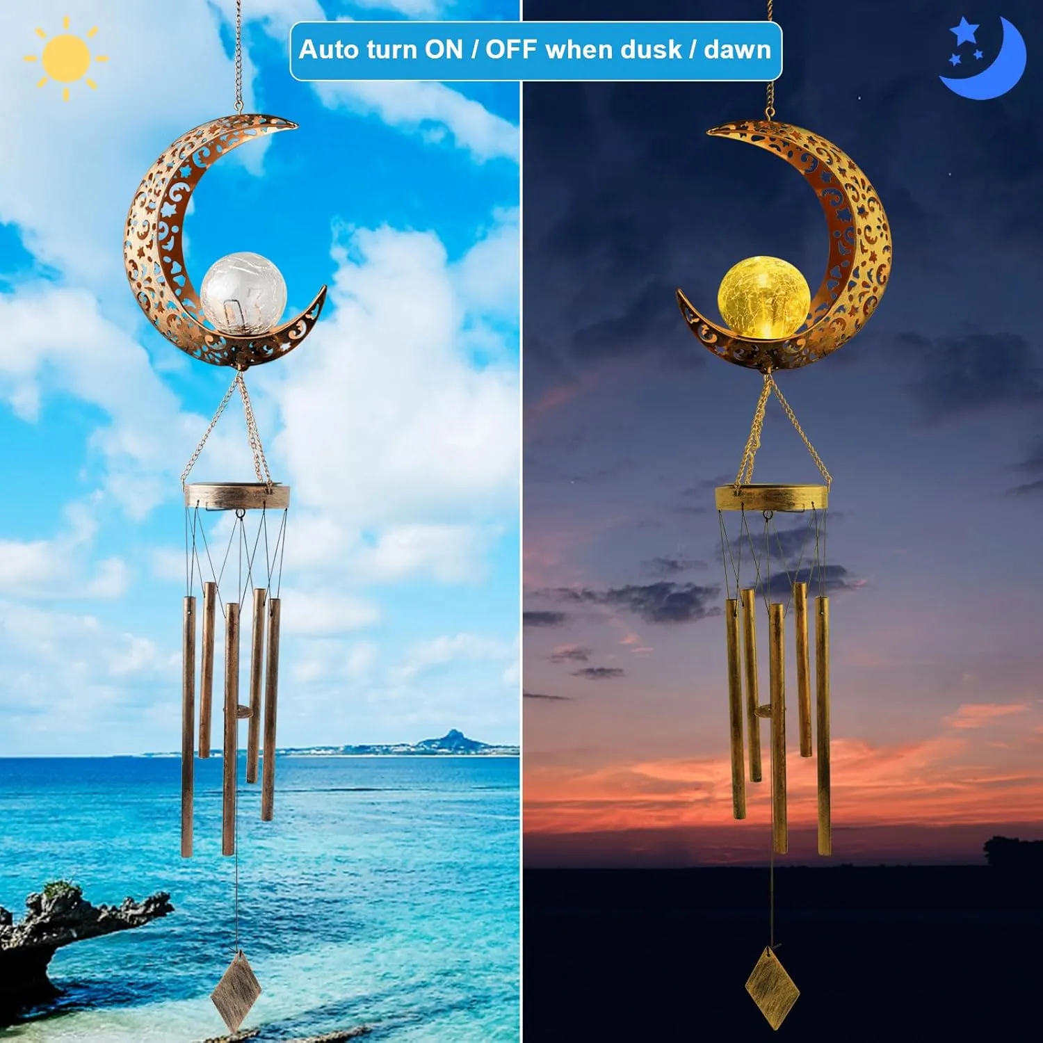 Moon Wind Chimes Solar Outdoor, Mother's Day Wind Chime Gift for Mom, Women, Grandma, Garden Courty ard Lawn Decor, Thanksgiving Gifts, Moon Gifts, Wind Chimes for Outside