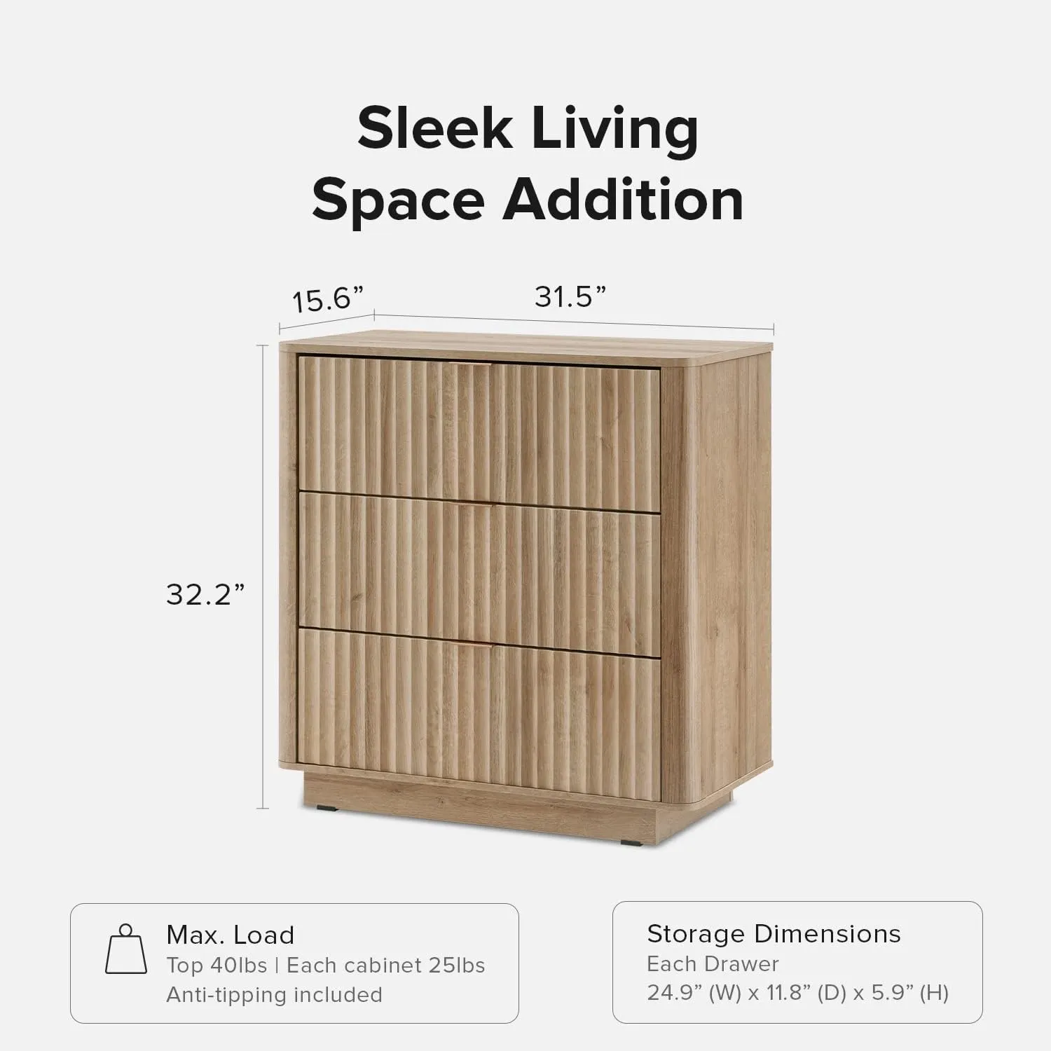 mopio Brooklyn 3 Drawer Dresser for Bedroom, Mid Century Modern Chest of Drawers, Wood Tall Nightstand, Waveform Fluted Side Table, Enhanced Safety, ASTM F2057-23 Sturdy Compliant (Oak)