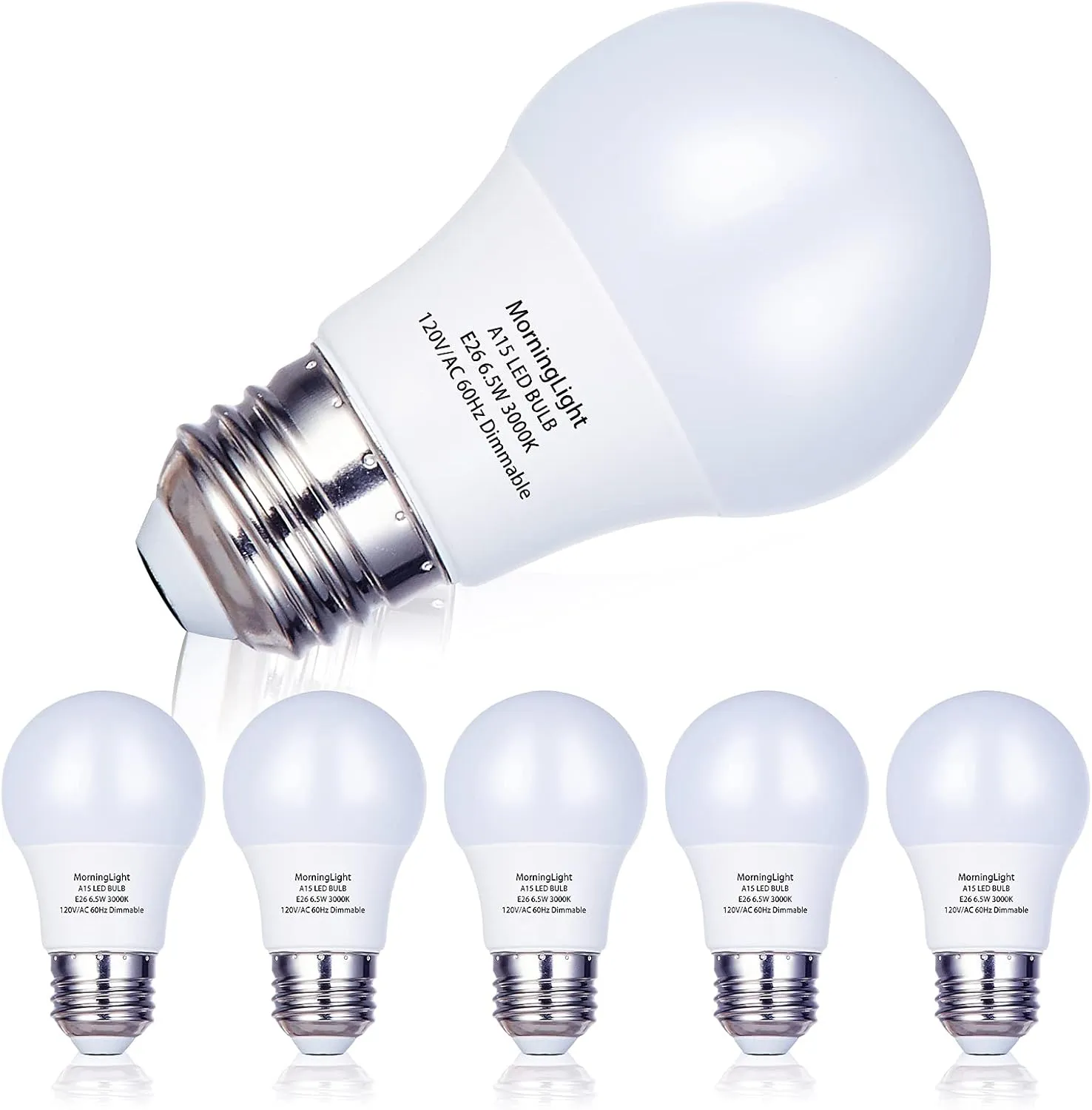 MorningLight 6 Pack A15 LED Bulb, 6.5W Dimmable LED Light Bulb Equal 60 Watt Incandescent Bulbs, 3000K Soft White, E26 Base, A15 6.5W LED Appliance Light Bulb for Ceiling Fan, Lighting Fixtures, 600LM
