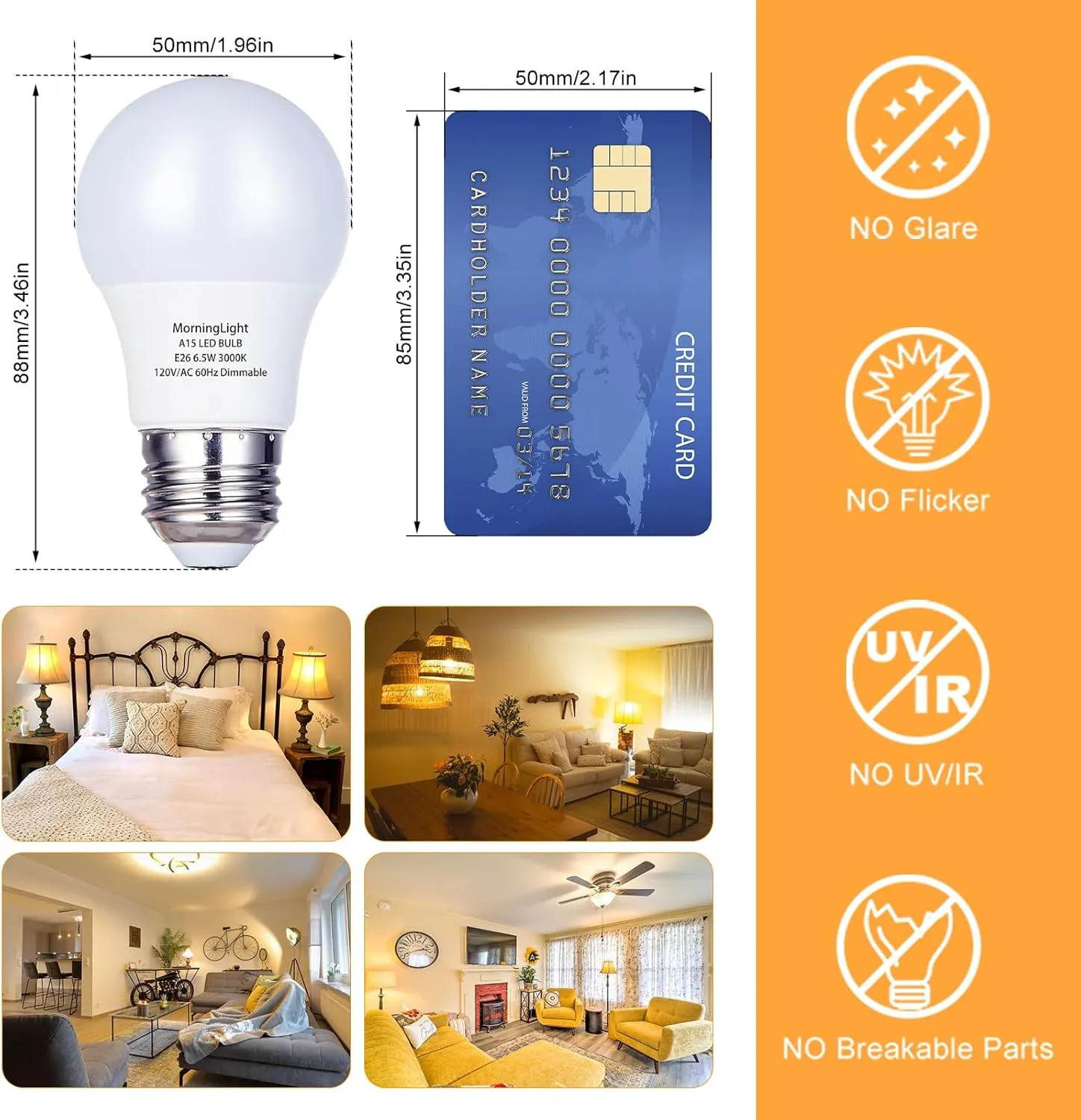 MorningLight 6 Pack A15 LED Bulb, 6.5W Dimmable LED Light Bulb Equal 60 Watt Incandescent Bulbs, 3000K Soft White, E26 Base, A15 6.5W LED Appliance Light Bulb for Ceiling Fan, Lighting Fixtures, 600LM