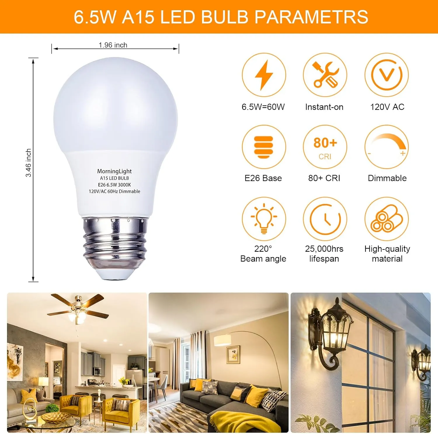 MorningLight 6 Pack A15 LED Bulb, 6.5W Dimmable LED Light Bulb Equal 60 Watt Incandescent Bulbs, 3000K Soft White, E26 Base, A15 6.5W LED Appliance Light Bulb for Ceiling Fan, Lighting Fixtures, 600LM