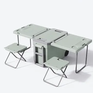 Multi-Function Rolling Cooler, Heat Insulation Box Warm W/Wheels Table and 2 Chairs Picnic Camping Outdoor Folding Camp Tables Storage Organizer, Green
