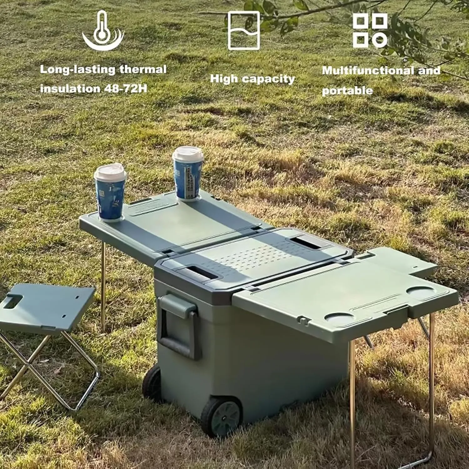 Multi-Function Rolling Cooler, Heat Insulation Box Warm W/Wheels Table and 2 Chairs Picnic Camping Outdoor Folding Camp Tables Storage Organizer, Green