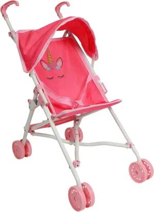 My First Baby Doll Stroller for Toddlers 1-3 Year Old Girls, Little Kids | Toy Stroller with Bottom Storage Basket, Foldable Frame, Canopy, Seatbelt - Unicorn (Pink)