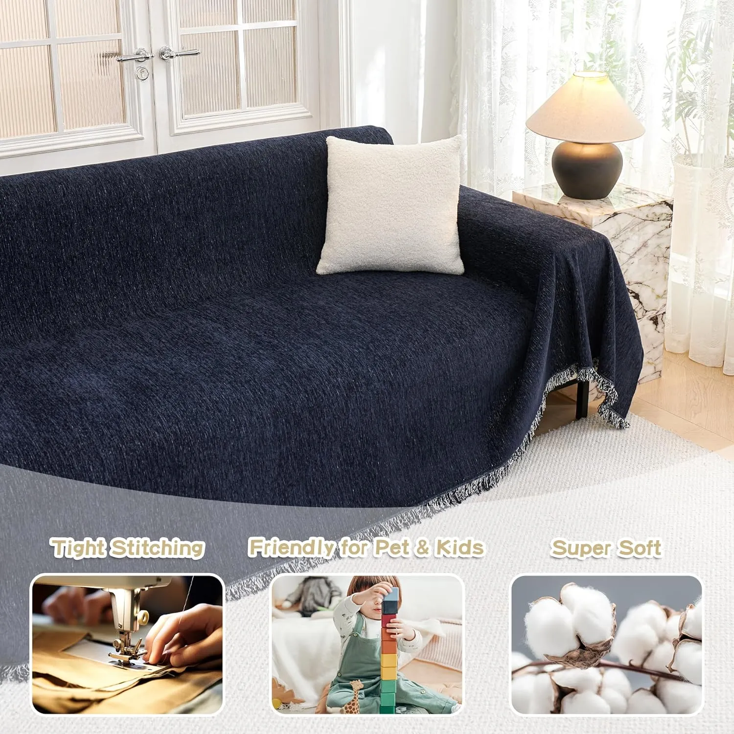 MYSKY HOME Sofa Covers Love Seat Couch Covers Couch Covers for Reclining Couches Couch Cover Sectional Washable Couch Cover with Tassels Sofa Protector for Kids, Dogs, Pets, 71"x118", Navy Blue