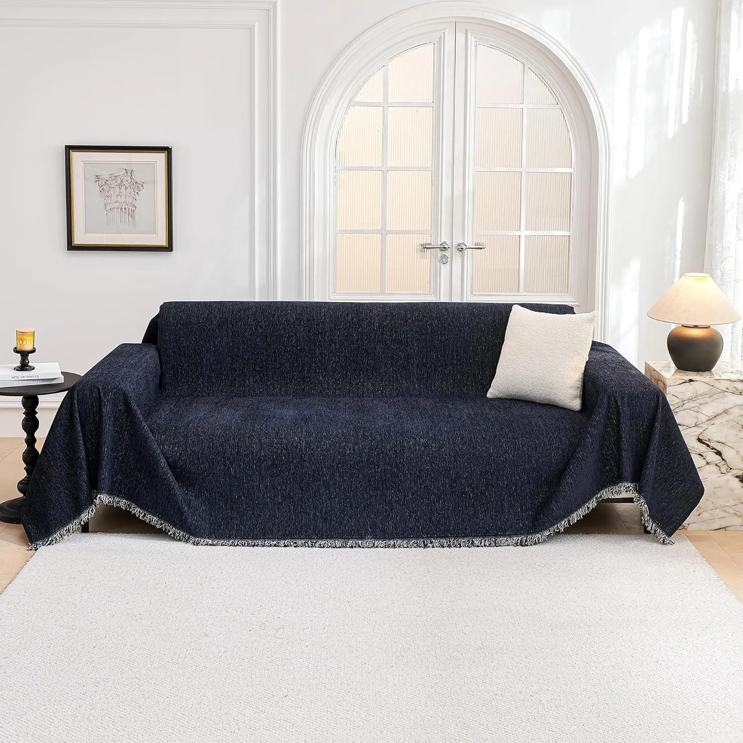 MYSKY HOME Sofa Covers Love Seat Couch Covers Couch Covers for Reclining Couches Couch Cover Sectional Washable Couch Cover with Tassels Sofa Protector for Kids, Dogs, Pets, 71"x118", Navy Blue