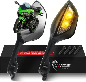 MZS Motorcycle Mirrors With Turn Signals, Racing Rearview Side Mirror LED Light Sport Bike Adjustable Compatible with ZX6R ZX10R ZX25R CBR600RR CBR650R FZ6R