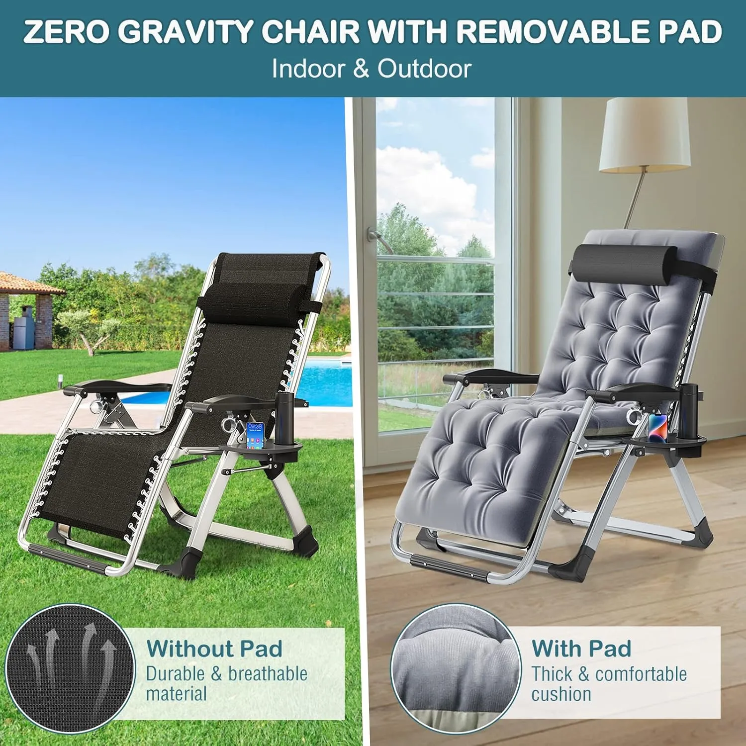 NAIZEA Lounge Chair Padded Zero Gravity Chair Folding Adjustable Reclining Patio Chairs with Cup Holder, Ergonomic Patio Recliner Chairs for Kids and Adult for Indoor and Outdoor