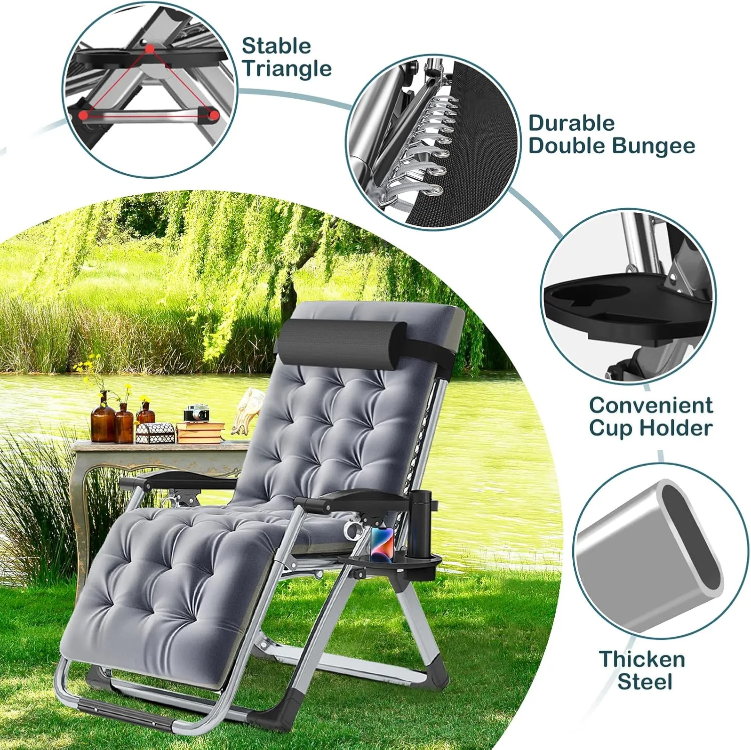 NAIZEA Lounge Chair Padded Zero Gravity Chair Folding Adjustable Reclining Patio Chairs with Cup Holder, Ergonomic Patio Recliner Chairs for Kids and Adult for Indoor and Outdoor