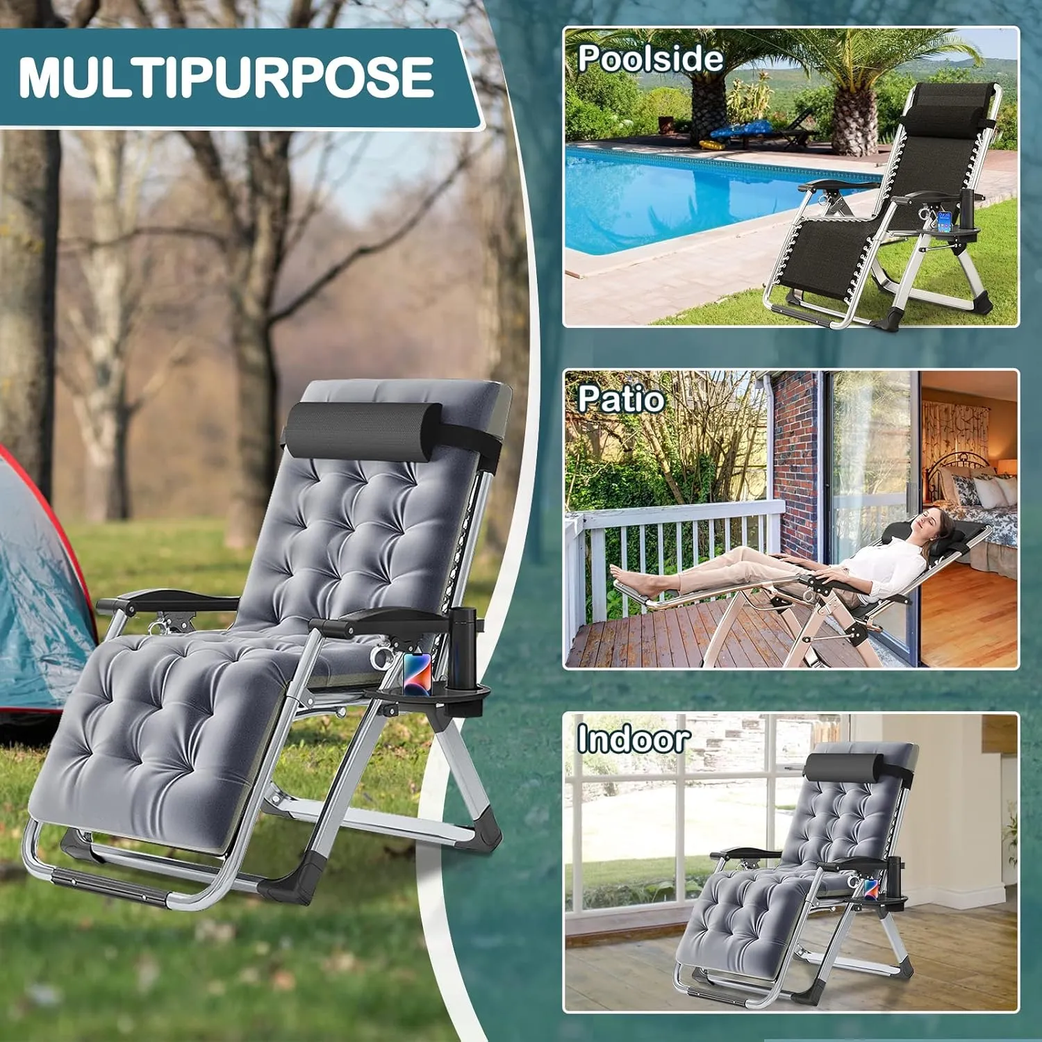 NAIZEA Lounge Chair Padded Zero Gravity Chair Folding Adjustable Reclining Patio Chairs with Cup Holder, Ergonomic Patio Recliner Chairs for Kids and Adult for Indoor and Outdoor