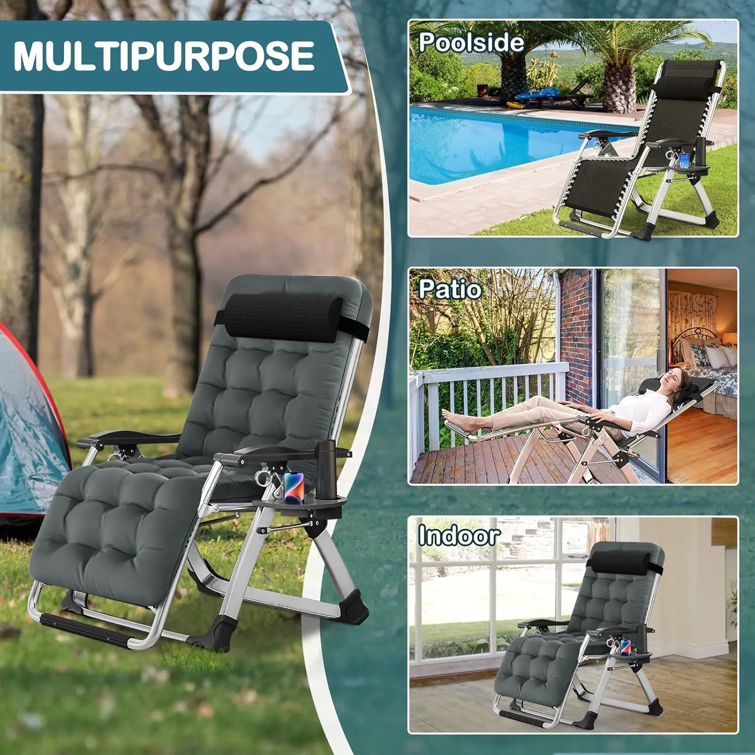 NAIZEA Lounge Chair Zero Gravity Chair Folding Adjustable Reclining Patio Chairs with Cup Holder, Ergonomic Patio Recliner Chairs for Kids and Adult for Indoor Outdoor