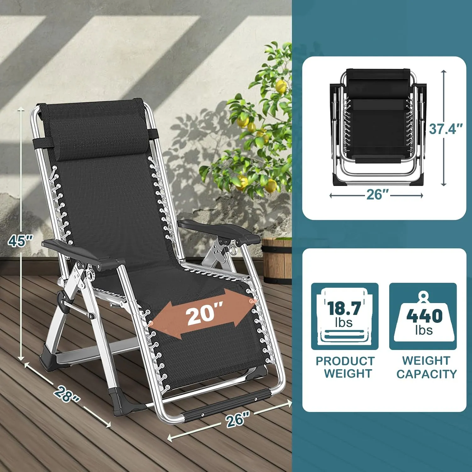 NAIZEA Lounge Chair Zero Gravity Chair Folding Adjustable Reclining Patio Chairs with Cup Holder, Ergonomic Patio Recliner Chairs for Kids and Adult for Indoor Outdoor